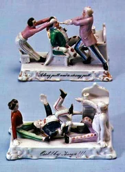 Twee porseleinen fairings: A Long Pull and a Strong Pull, and Out! By Jingo!!!, c.1875-90